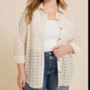 NWT Maurices Plus Size 2X Shirt Jacket Cream Eyelet Long Sleeves Shacket